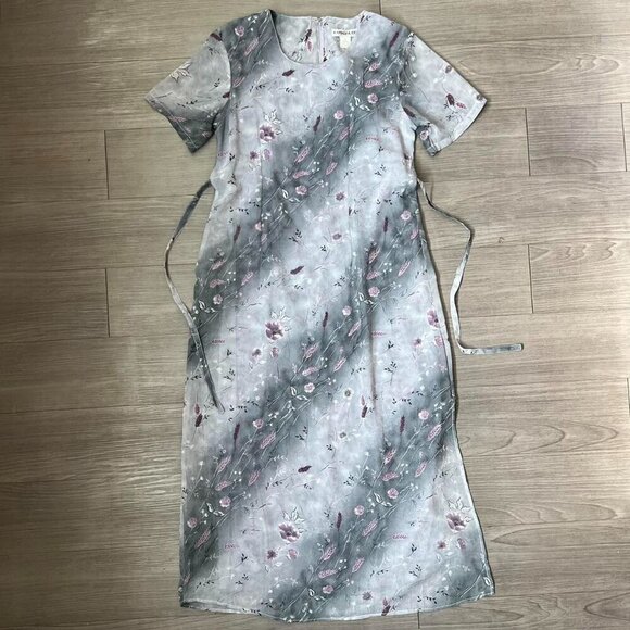 Kamali & Co. Dresses & Skirts - Vintage 90s Gray & Purple Floral Striped Maxi Shirt Dress W/ Waist Tie Size S